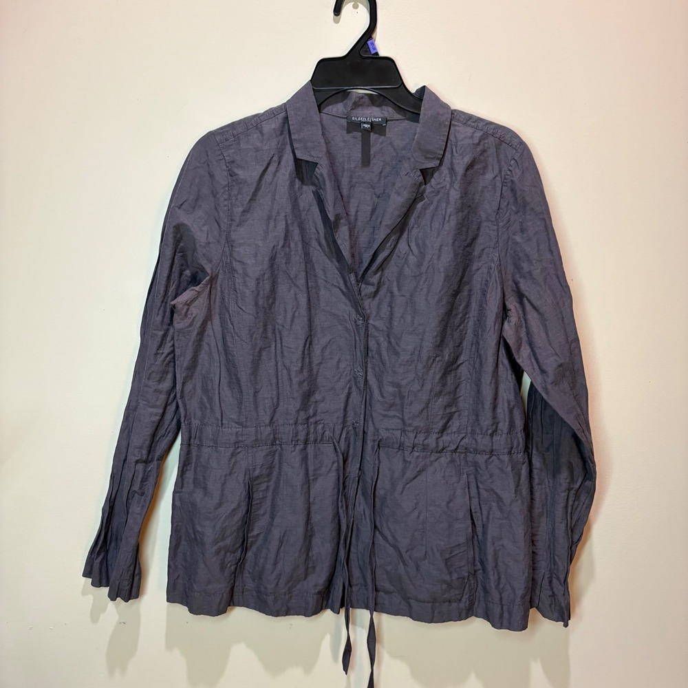 Eileen Fisher Petite L Charcoal Grey Metallic Cotton Blend Drawstring Jacket